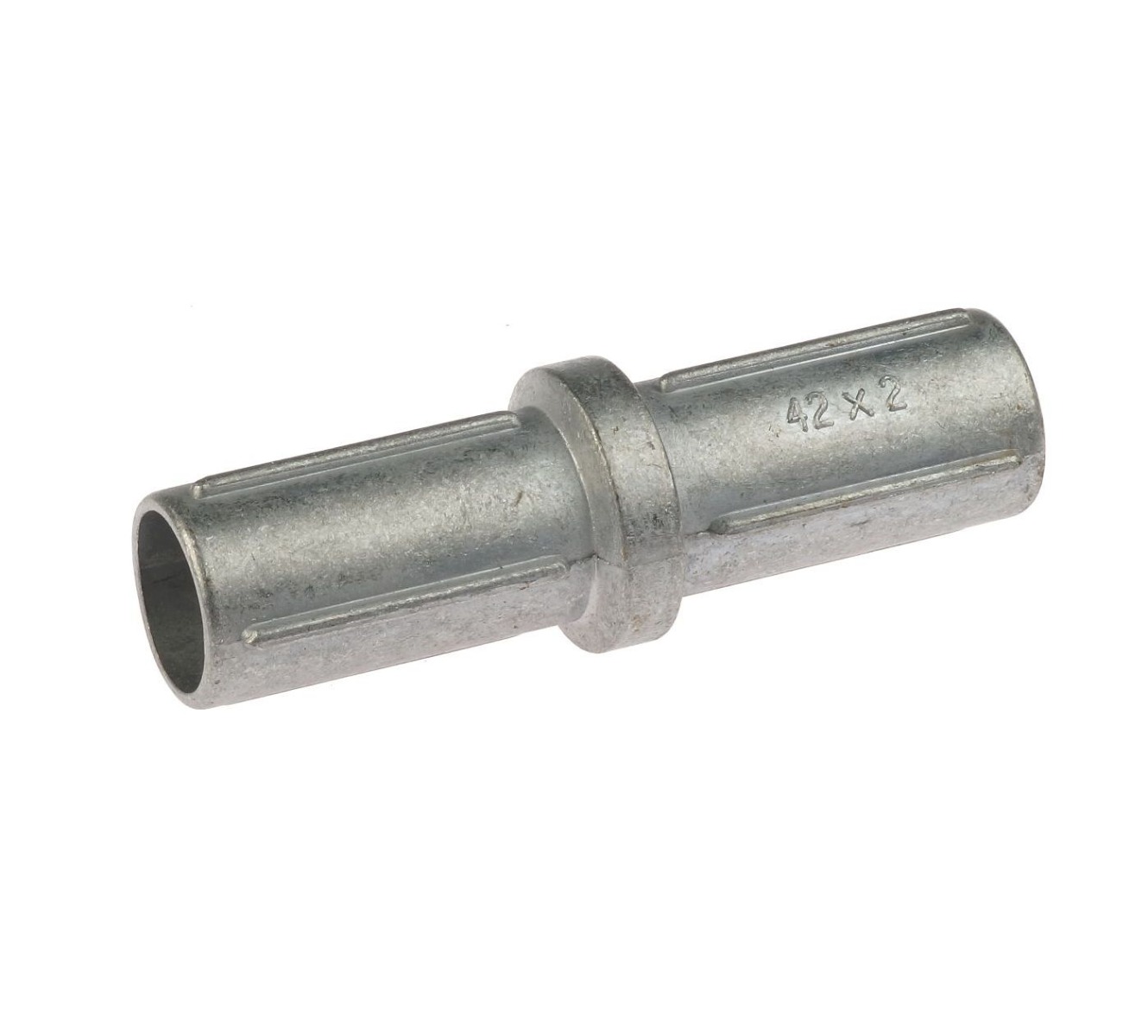 Metallic internal tube connector with a central collar and ridged ends for connecting two 42mm aluminum pipes securely.