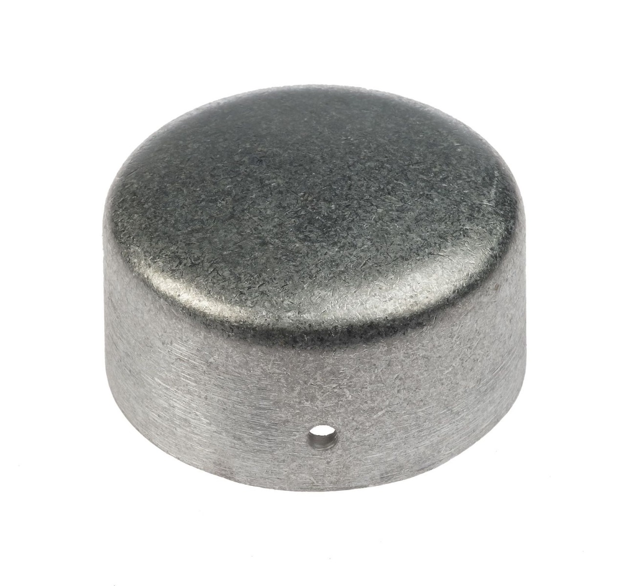A close-up view of a plain silver round aluminum post cap with a small hole on the side.