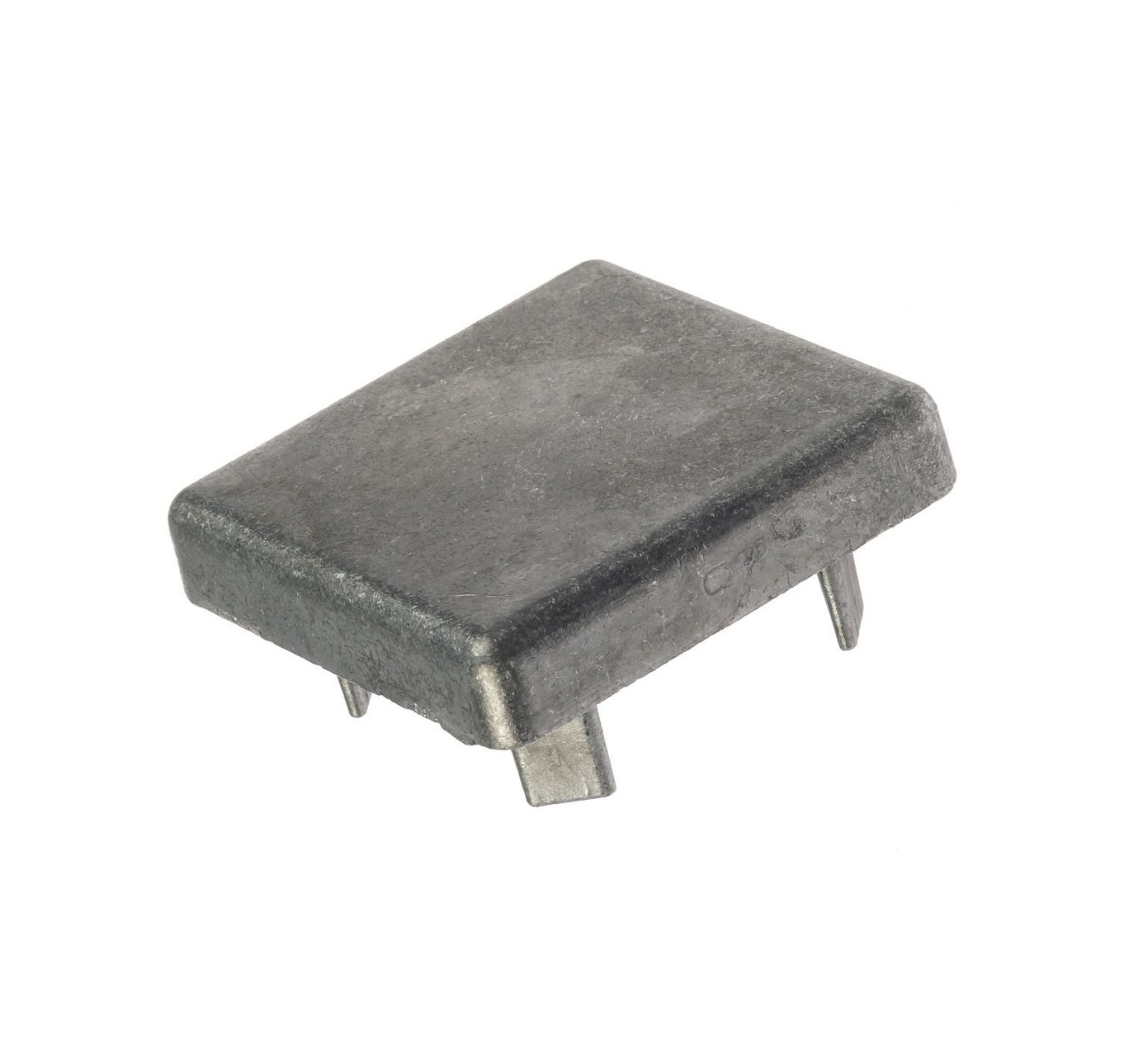 An aluminum square press-in post cap featuring a flat top and four prongs for secure installation in square tubing.