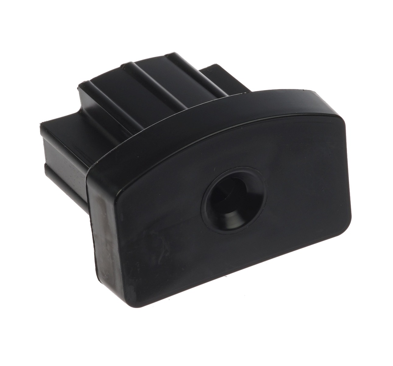 A black nylon end piece for tunnel profiles featuring a ribbed insertion base and a flat face with a hole.
