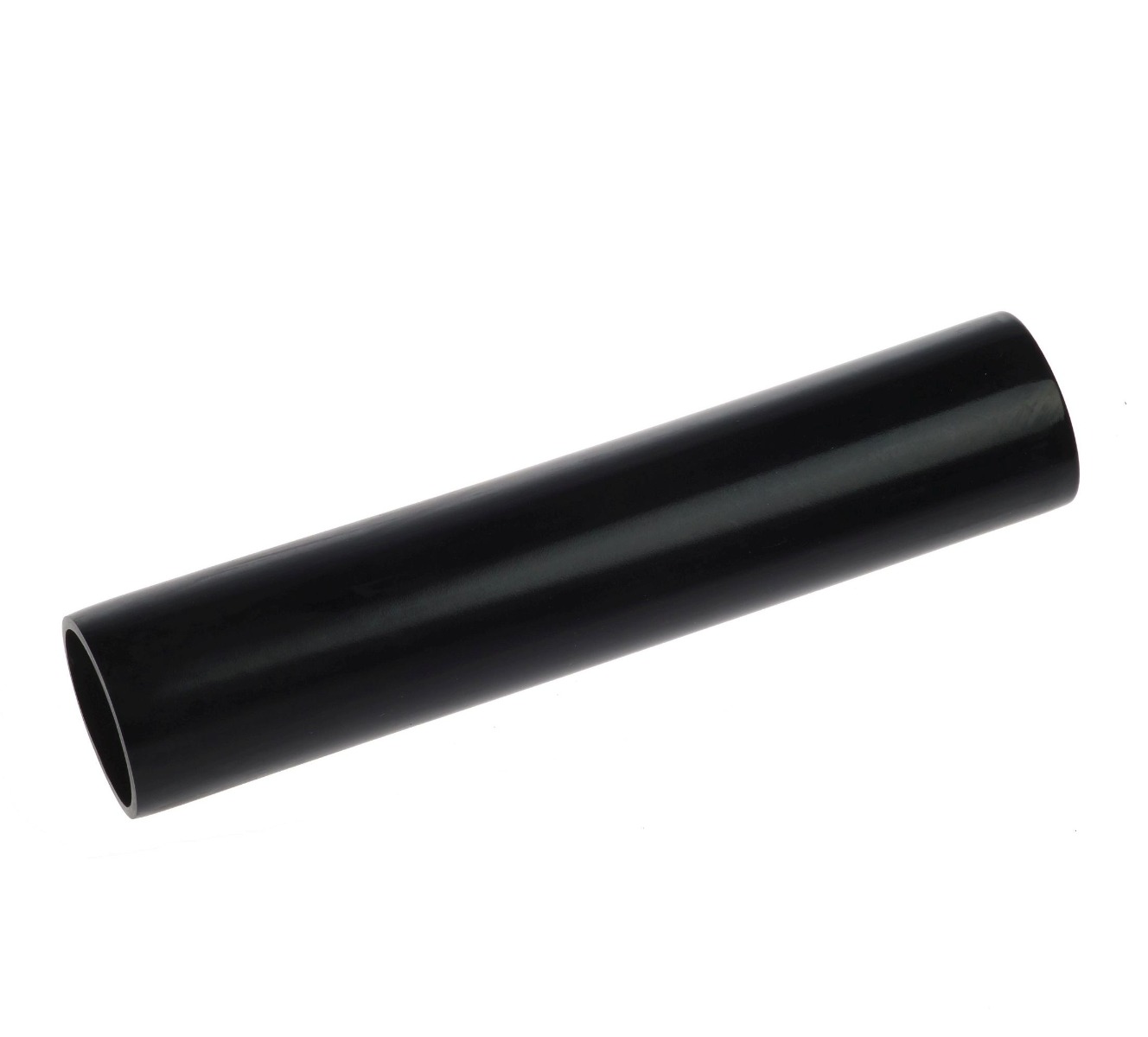 A smooth, hollow black plastic latex tube sleeve shown diagonally against a clean, solid white background for industrial use.