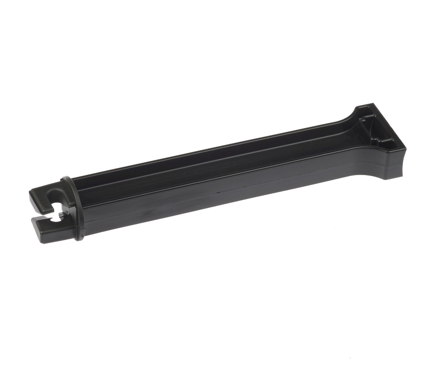A long, rectangular black plastic replacement strip featuring a specialized hook-style attachment clip on one end for secure installation.