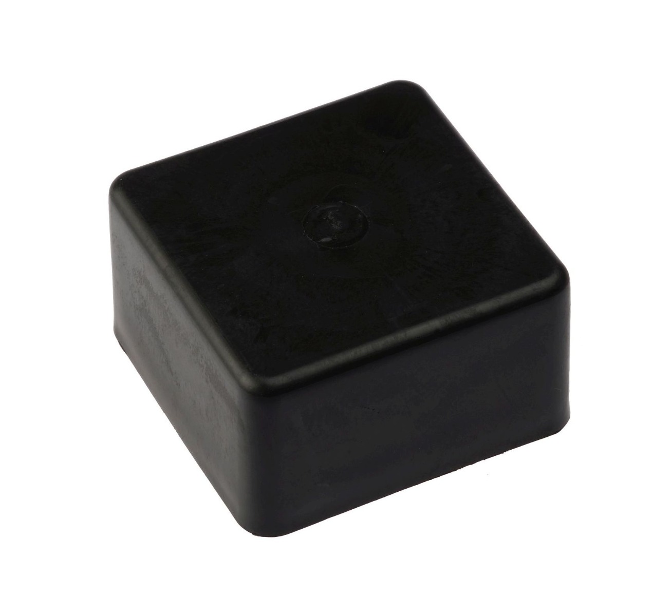A single black square plastic post cap designed for an external fit, displayed against a clean white background.