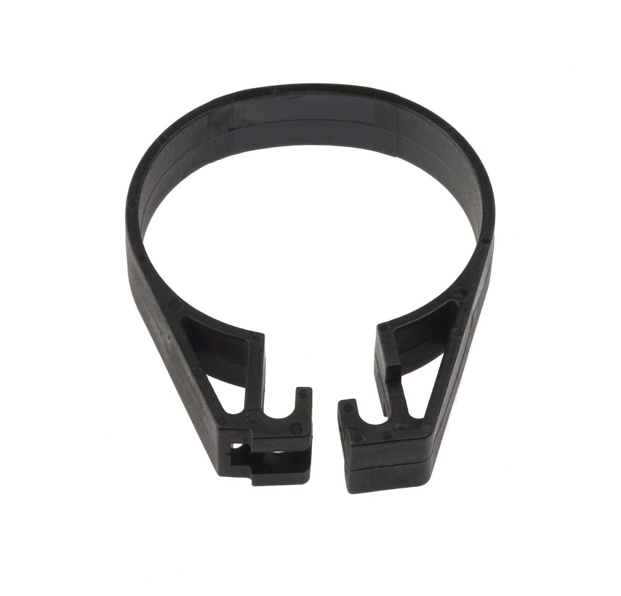 Close-up of a circular black plastic brace featuring a split design with hooks for mounting tension rods or pipes.