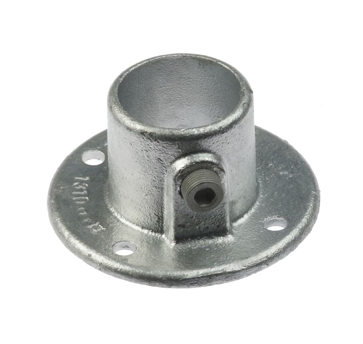 Silver hot-dip galvanised cast iron wall flange with a circular base, mounting holes, and a pipe socket set screw.