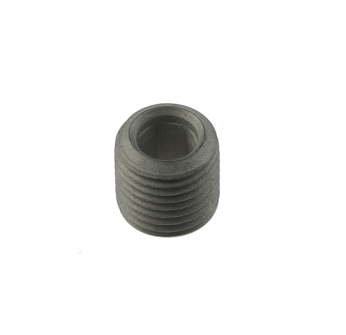 A small, grey, cylindrical set screw with external threads and an internal hex drive, featuring a galvanized dacromet finish.