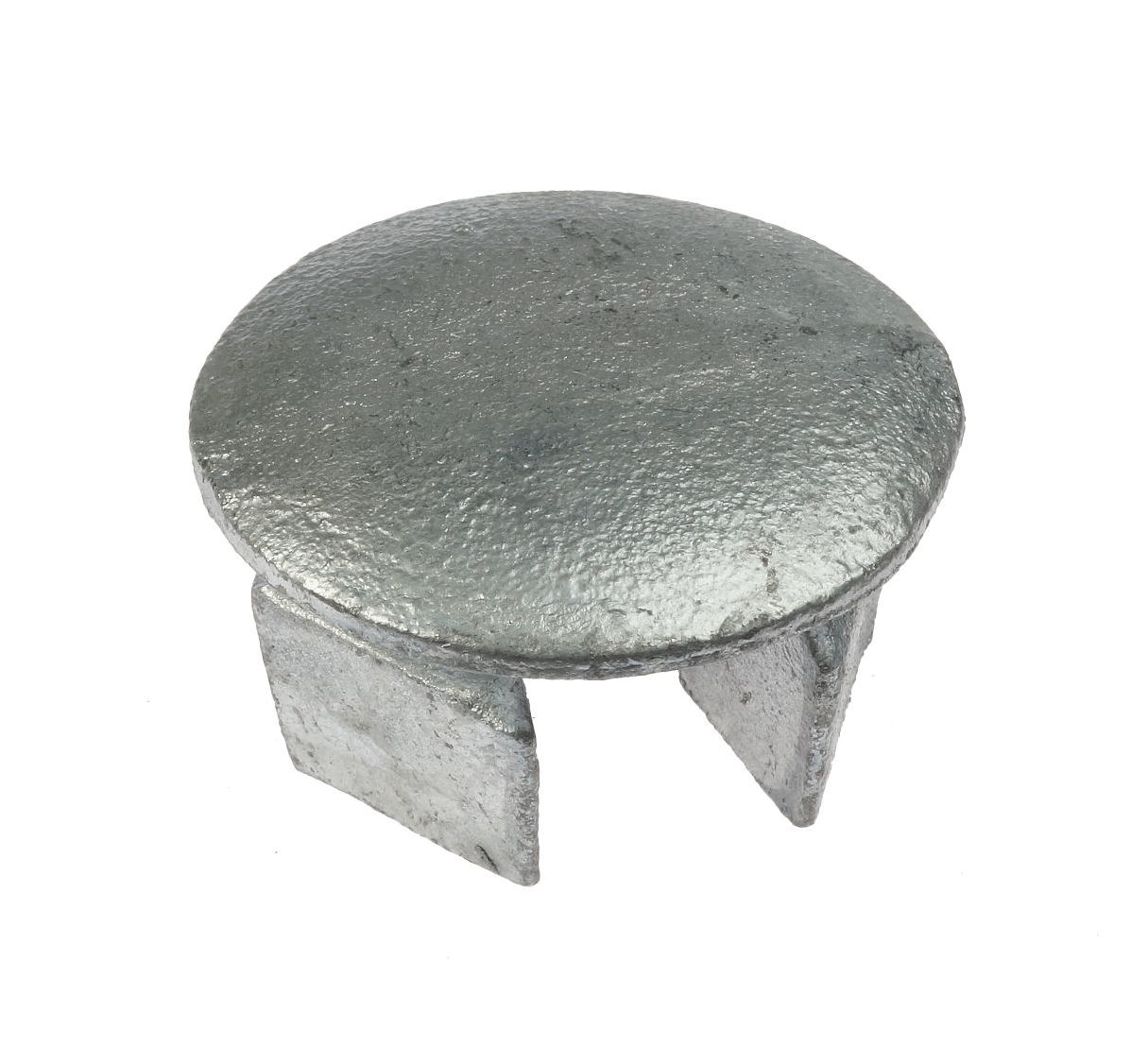 A high-quality galvanized metal drive-in plug used for finishing round pipes with a secure and protective metal cap.