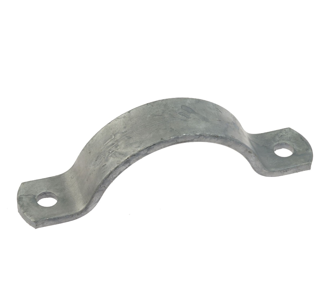 A silver galvanized metal half saddle bracket strip featuring a curved center and two mounting holes on its flat ends.