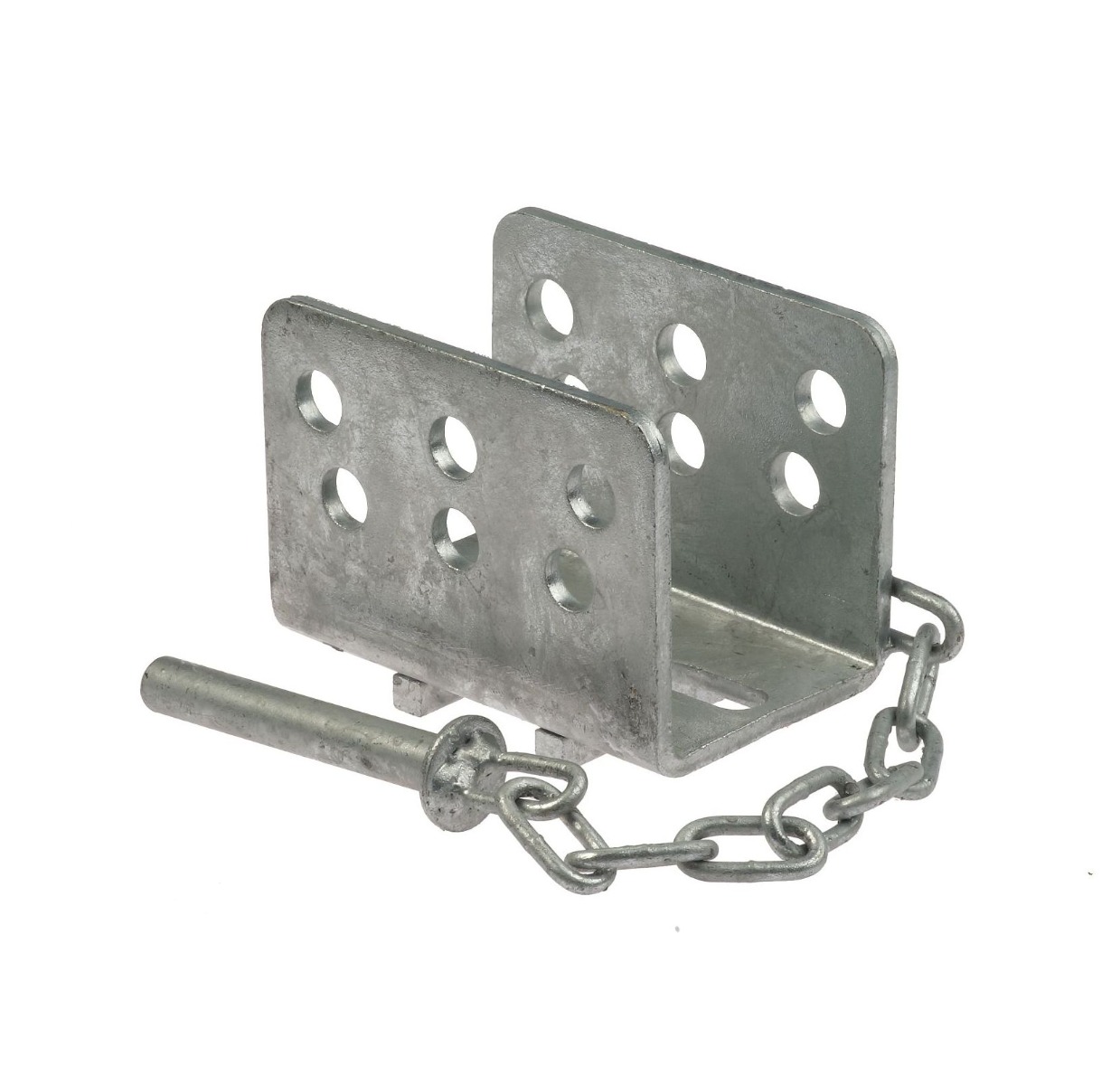 A U-shaped hot-dip galvanised steel locking clamp featuring multiple holes and a tethered metal pin for secure fastening.
