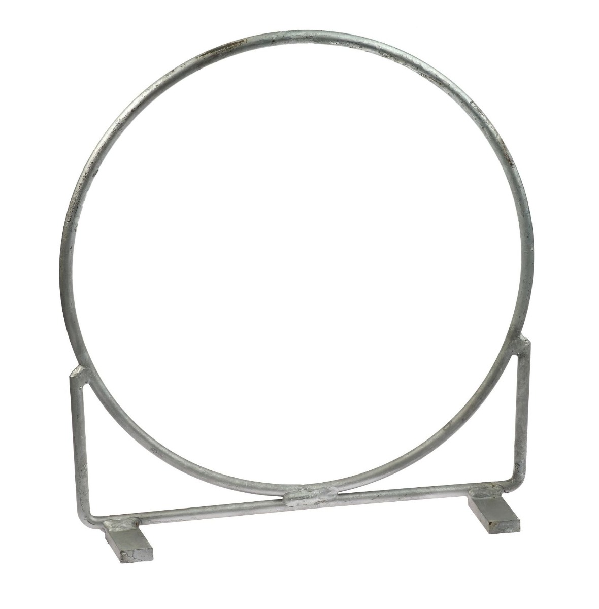 Large circular hot-dip galvanized metal bucket ring featuring a sturdy base frame and two rectangular supporting feet.