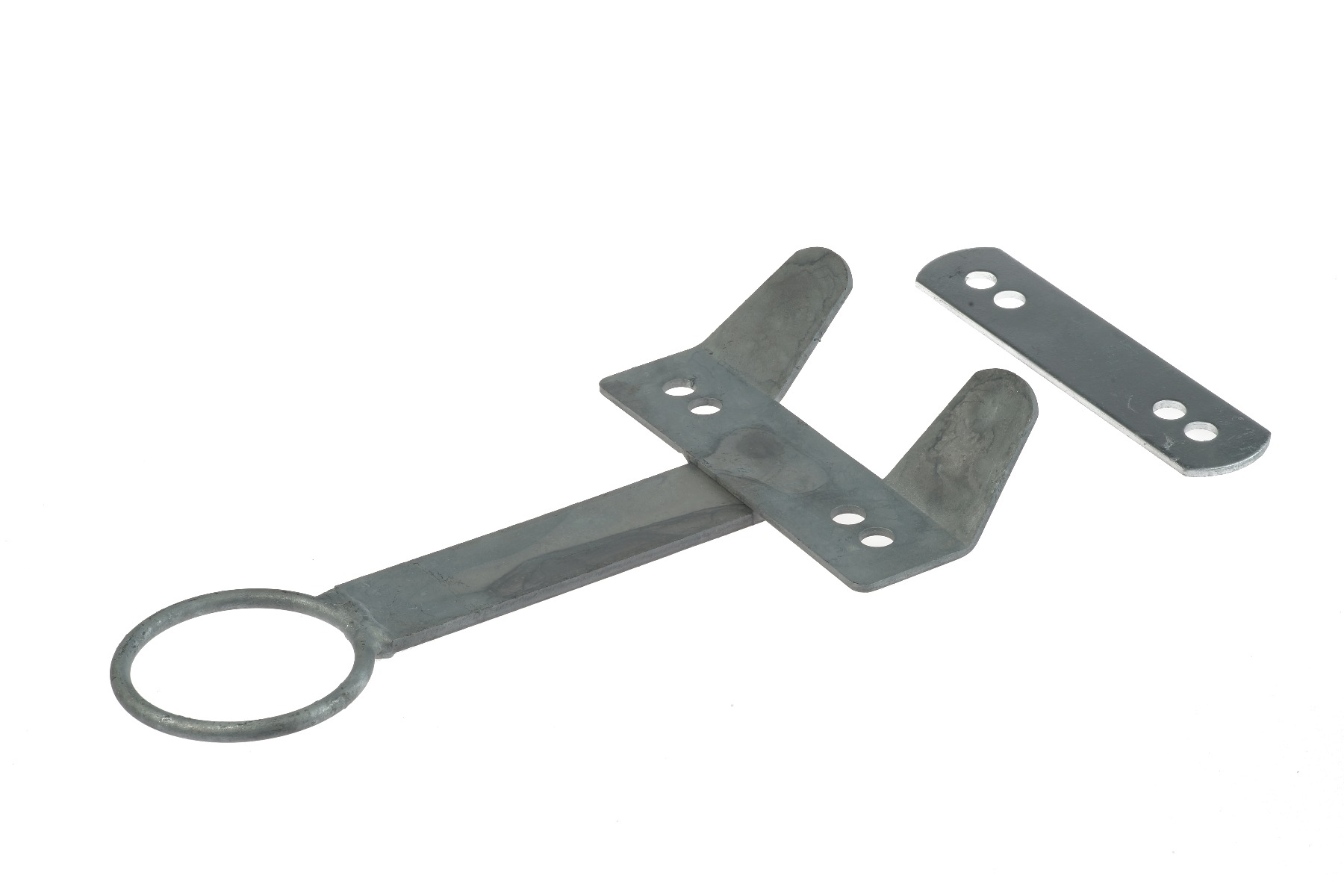 A hot-dip galvanized metal teat bucket holder set featuring a ringed arm and separate flat metal mounting plates.