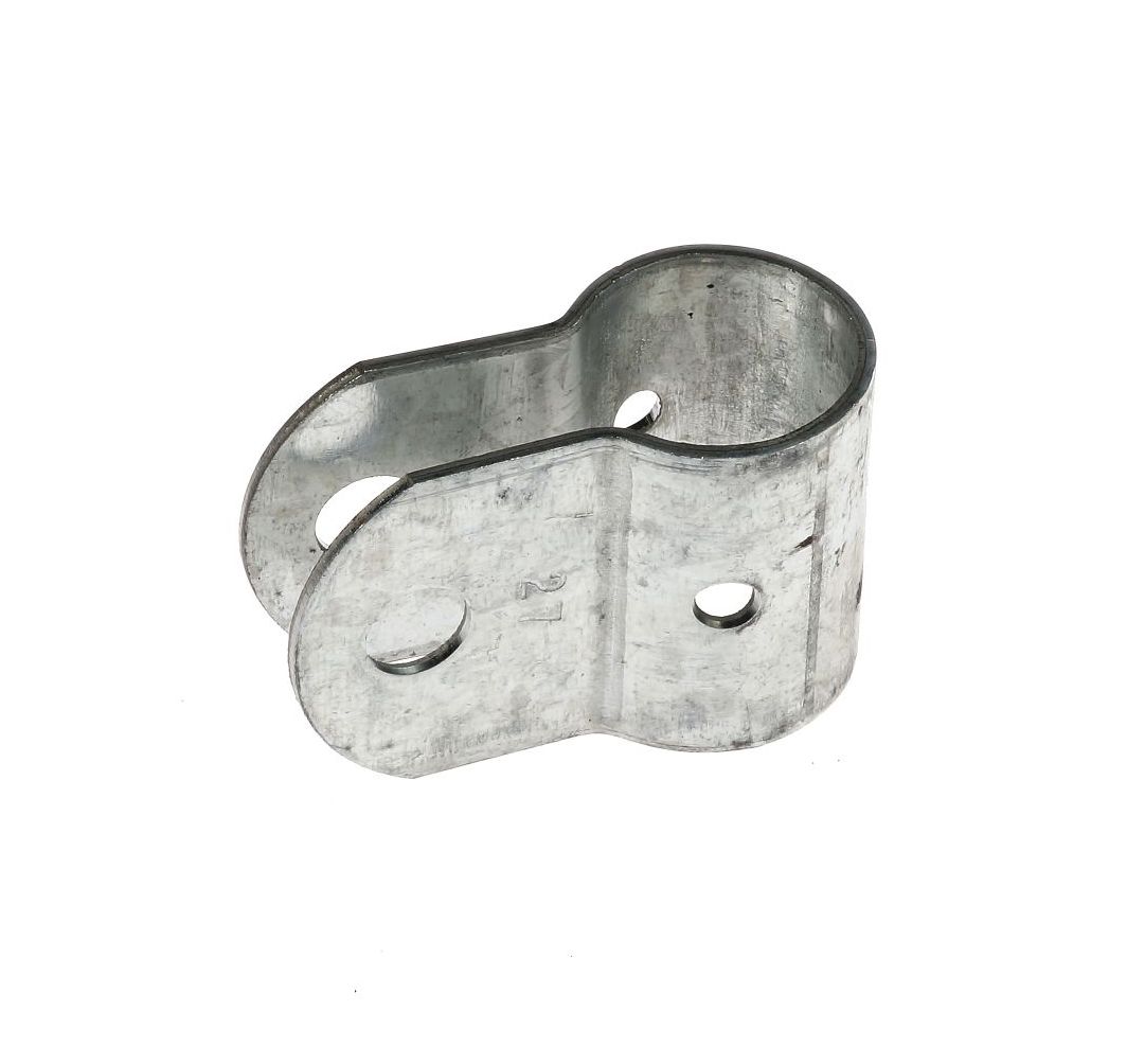 A sendzimir galvanised steel omega clamp featuring a circular opening for pipes and two flat, pre-drilled mounting holes.