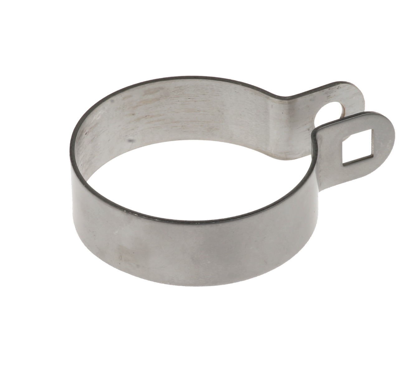 A circular stainless steel end bracket featuring two mounting tabs with square and round holes for securing pipes.