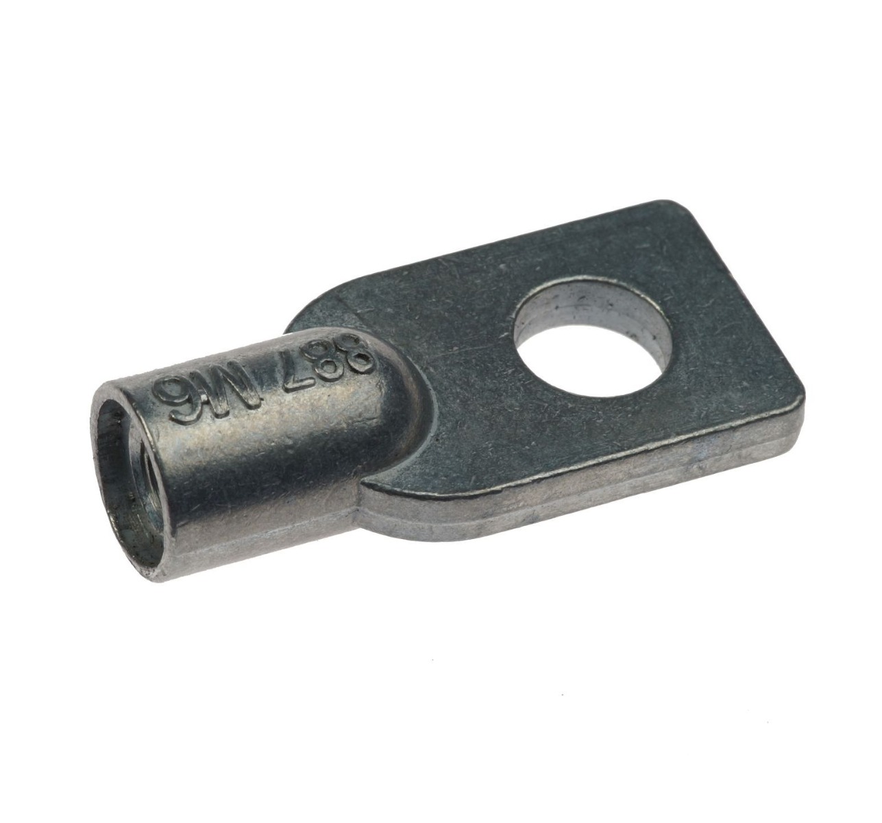 A close-up of a silver-colored Zamak suspension eye terminal with an M6 stamped cylindrical base and flat eyelet.