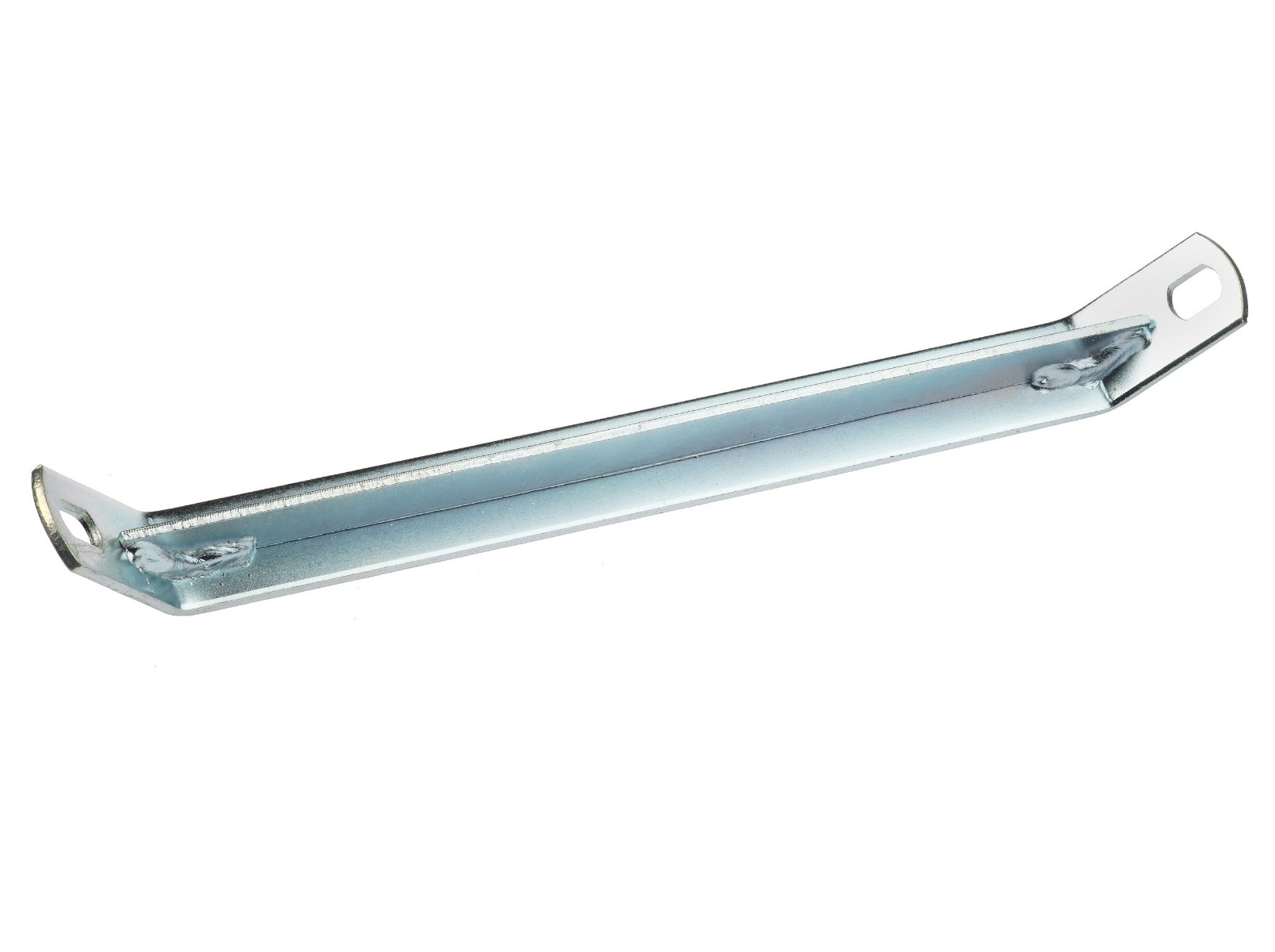 A silver zinc-plated steel brace with angled ends and mounting holes for secure industrial structural support applications.