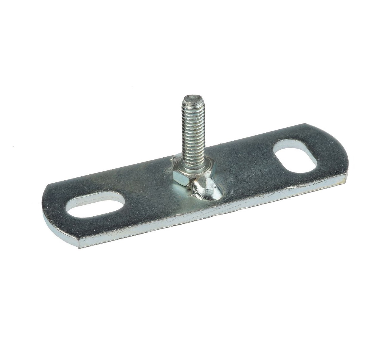 Rectangular zinc-plated wall plate with two oval mounting holes and a central welded upright male threaded stud for attachment.