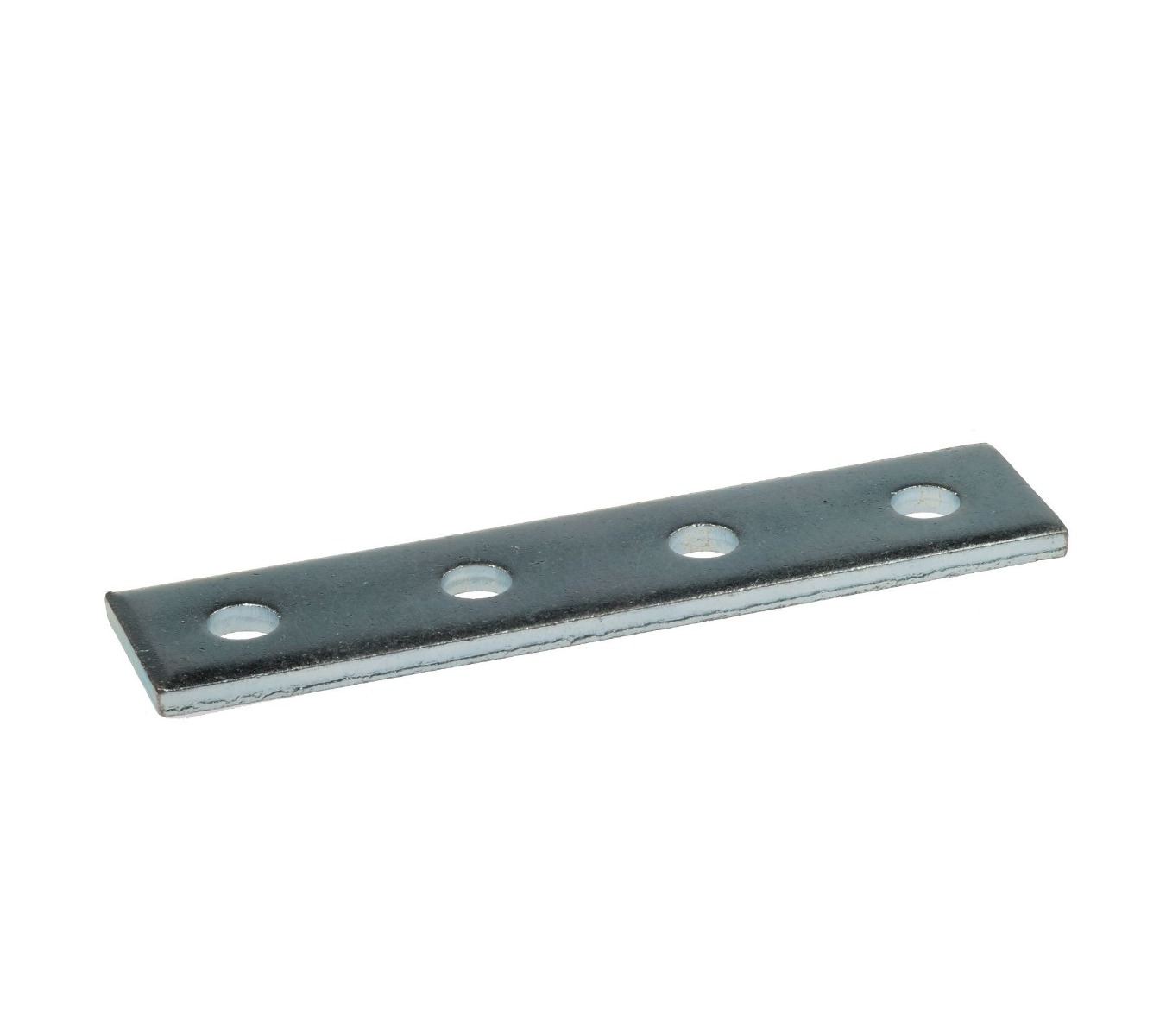 Close-up of a flat rectangular electro galvanized metal rail connector featuring four evenly spaced holes for secure structural mounting.