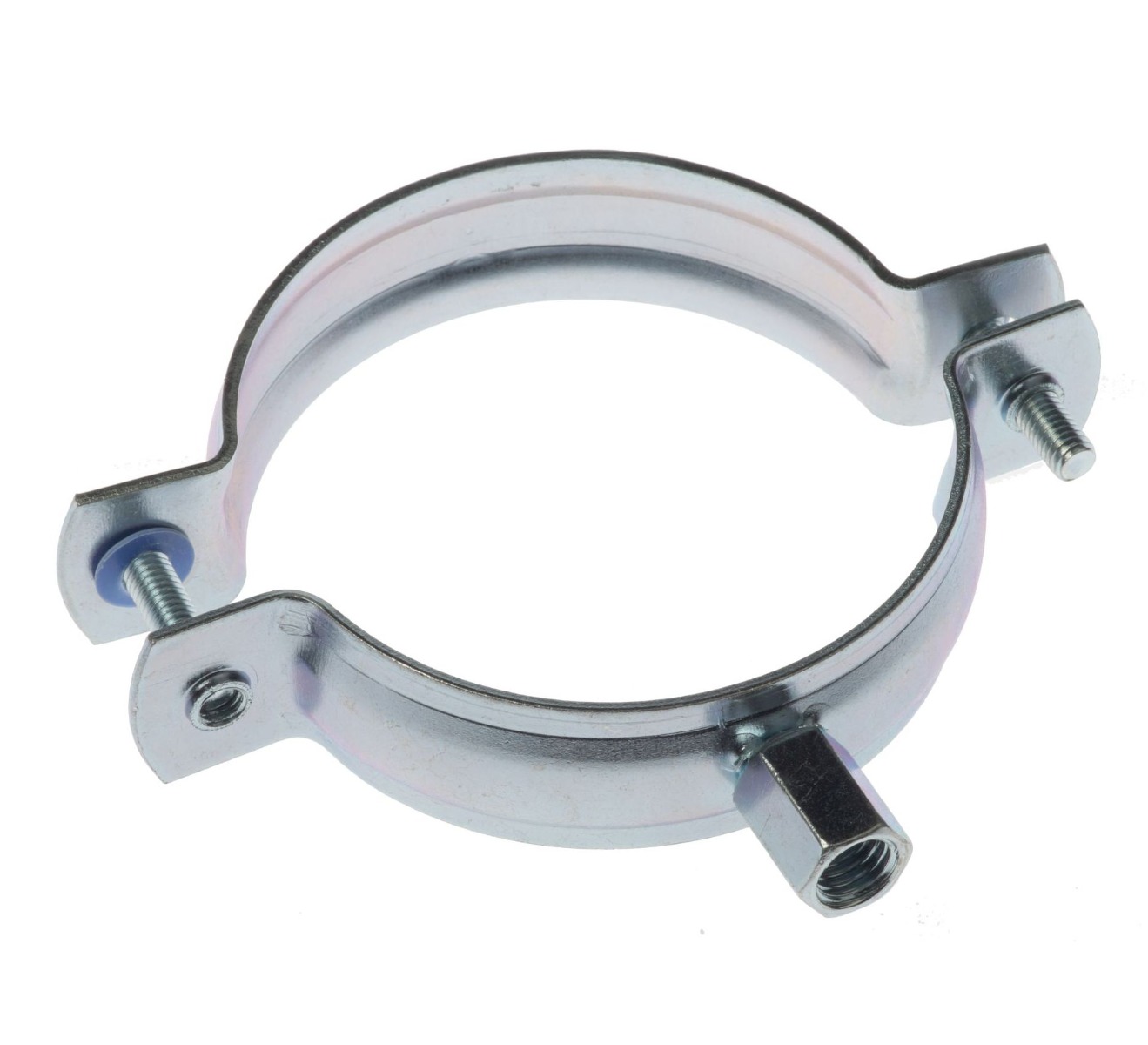 A shiny metal two-piece pipe clamp with electro-galvanized finish, featuring two side screws and a threaded mounting nut.