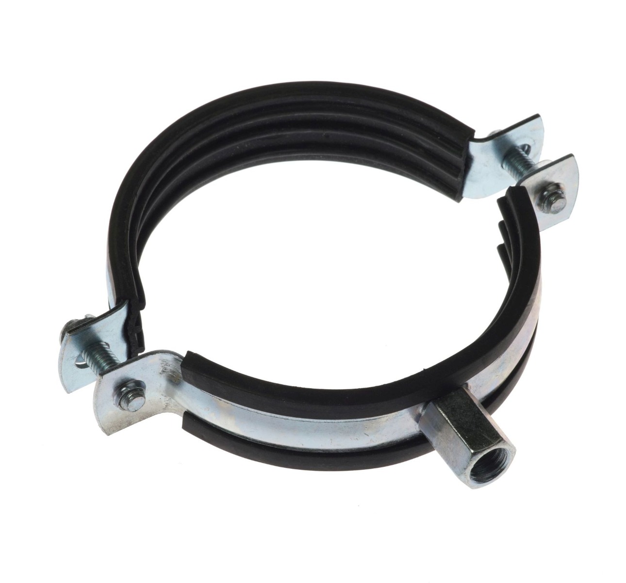An electro-galvanized metal pipe clamp featuring a black rubber lining and an M8/M10 threaded boss for mounting.