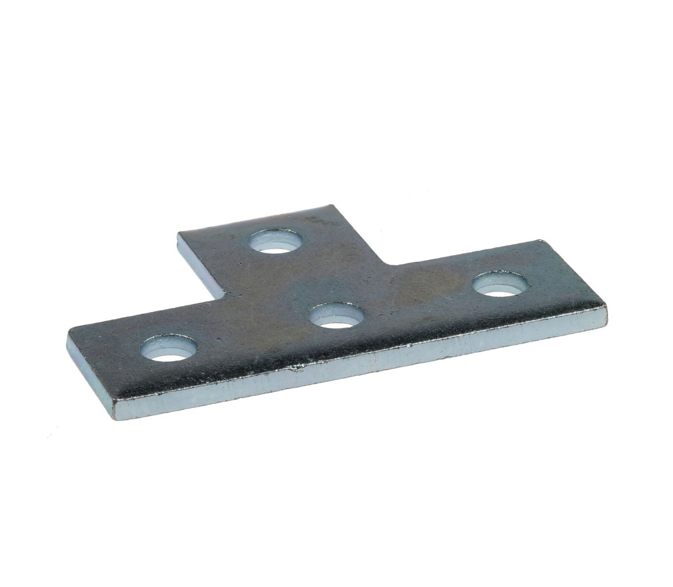 A silver electro galvanized T-shaped metal connector bracket featuring four pre-drilled holes for securing 41mm strut rail systems.