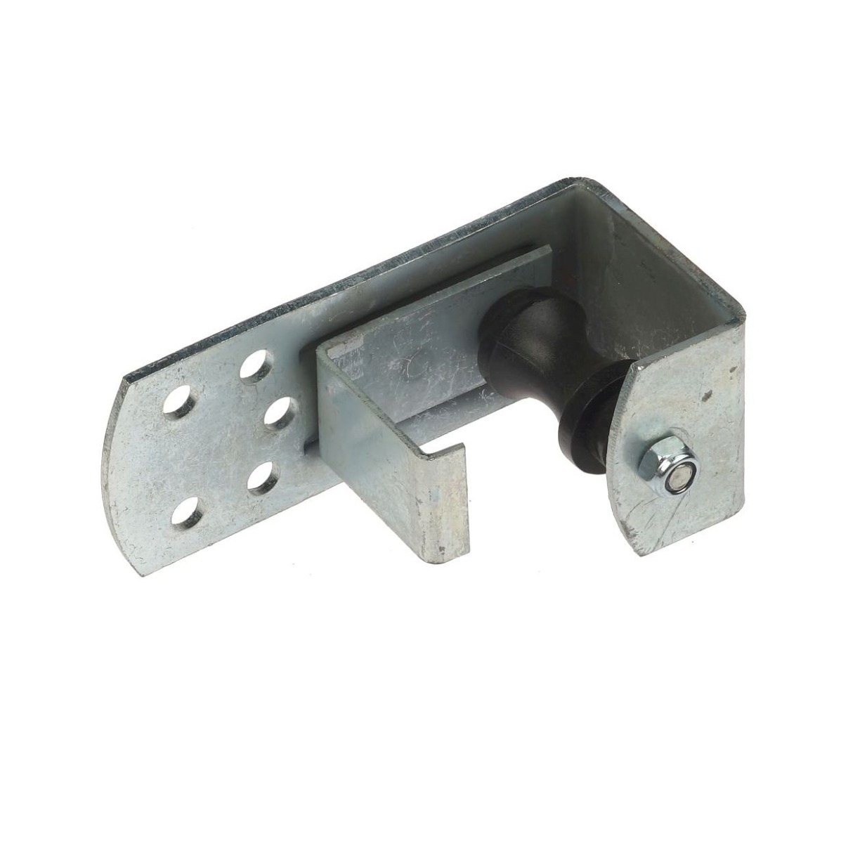 An electrolytically zinc plated metal bracket with a black plastic diabolo roller and multiple mounting holes on a white background.