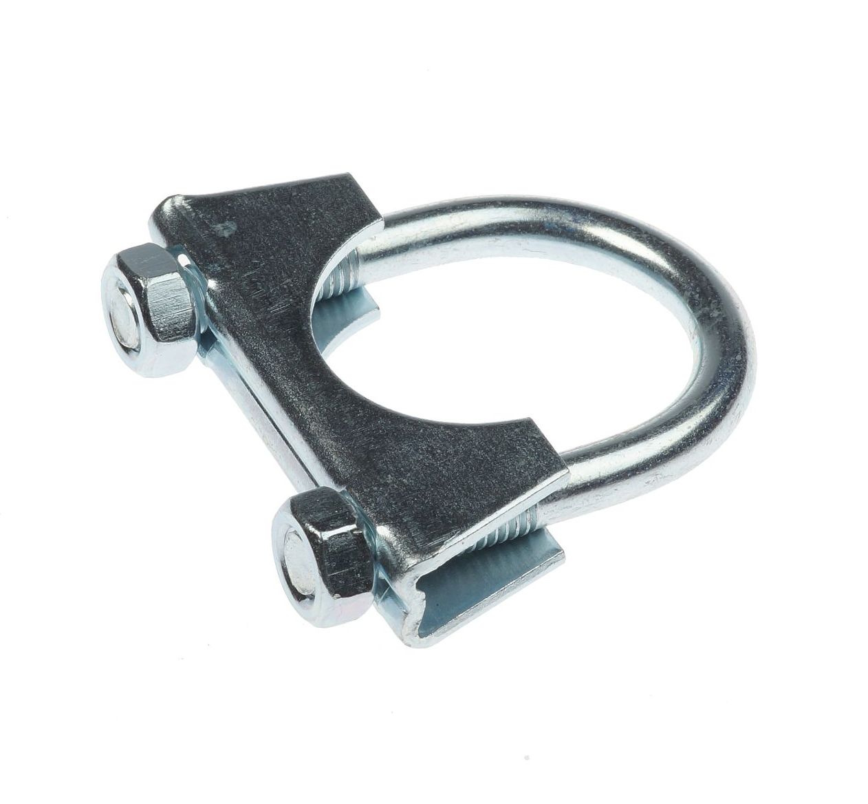 A silver, zinc-plated M8 exhaust U-bolt clamp featuring a saddle and two nuts on a white background.