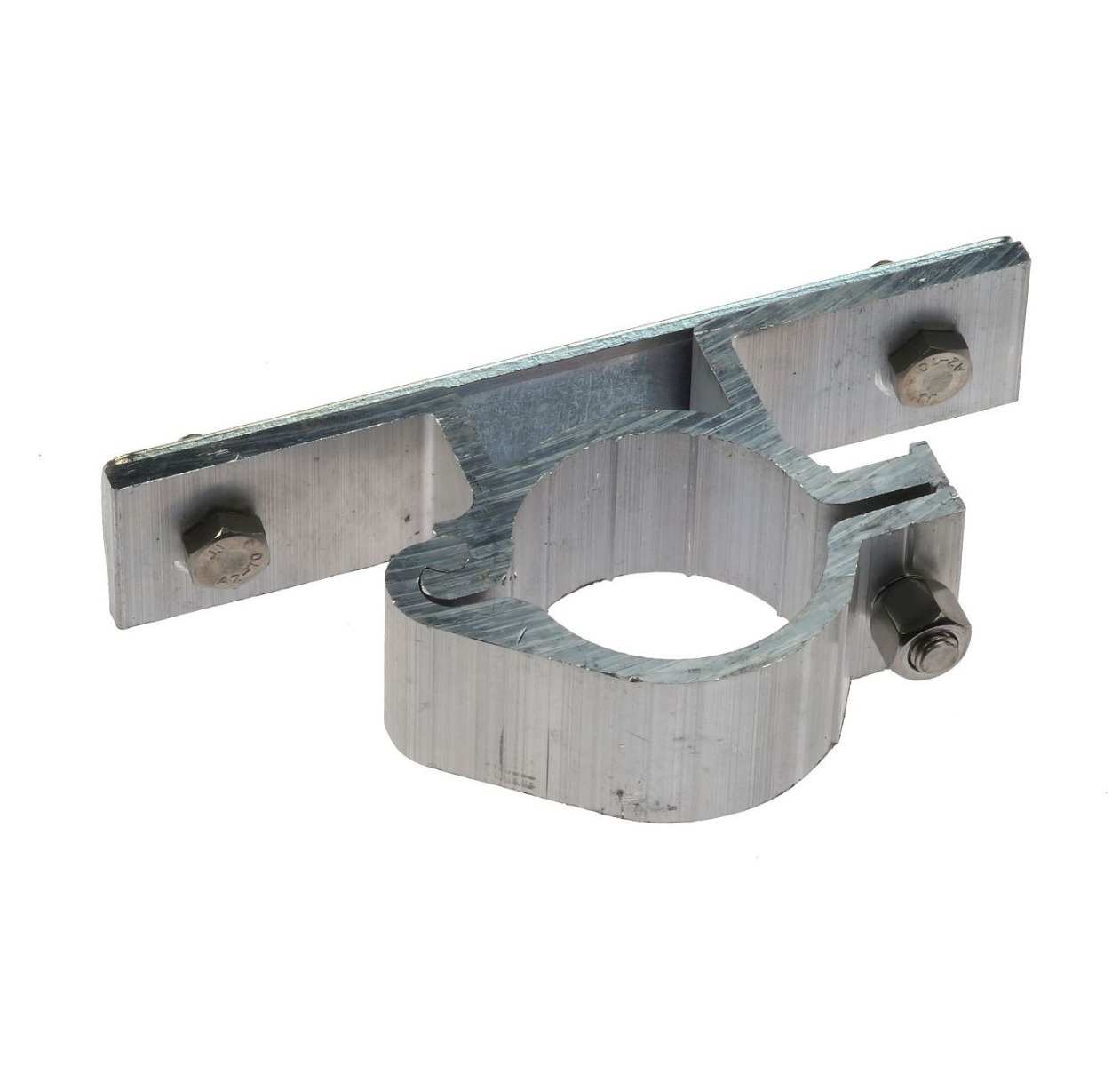 An aluminum hinged bracket with an extra wide 120mm mounting plate designed for attaching traffic signs to 48mm poles.