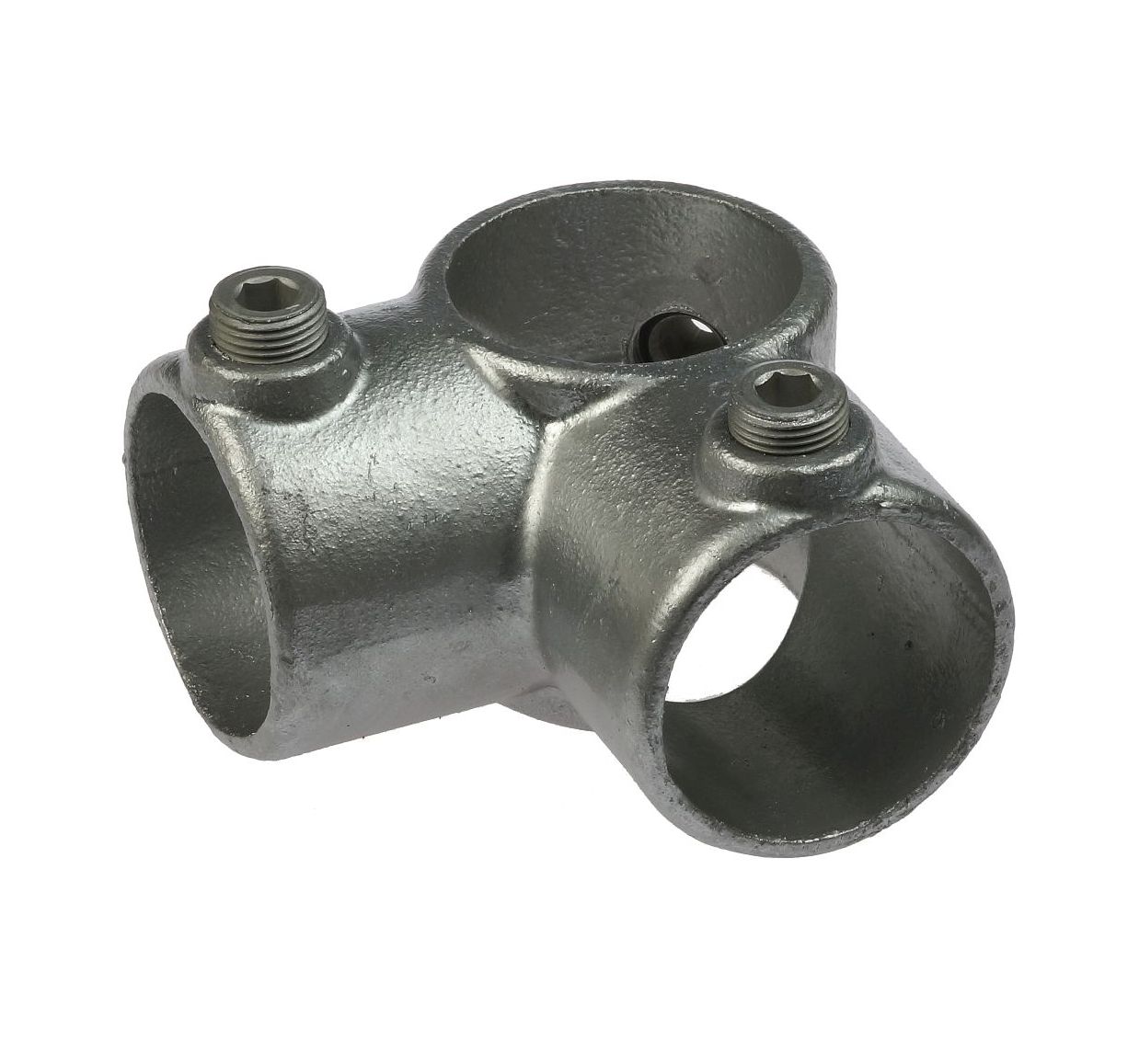 A hot-dip galvanized three-way cast iron tube connection fitting with set screws for secure pipe assembly and corner joining.