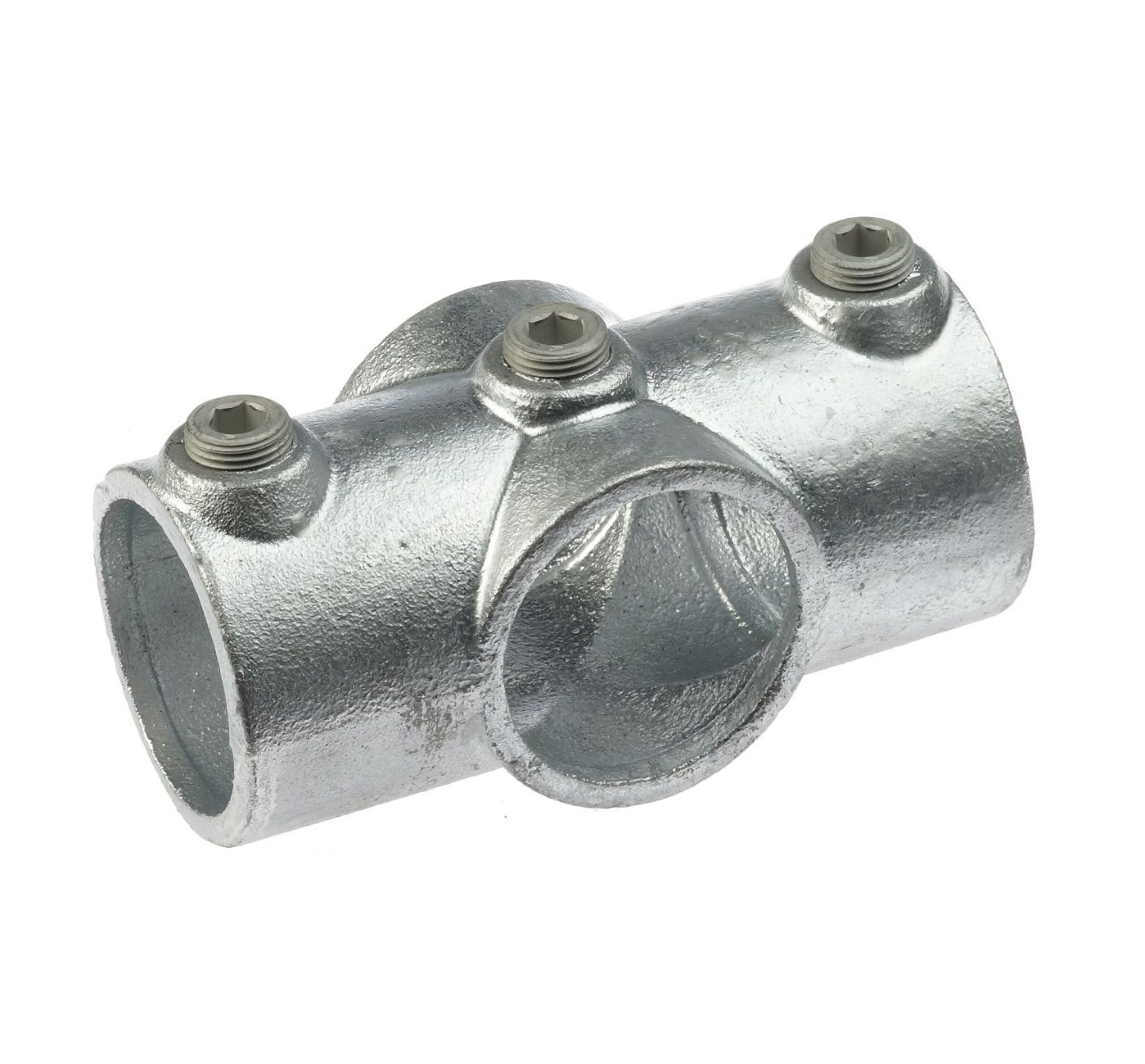 A silver hot-dip galvanized cast iron cross connection fitting with three grub screws for securing pipes in structural rail projects.