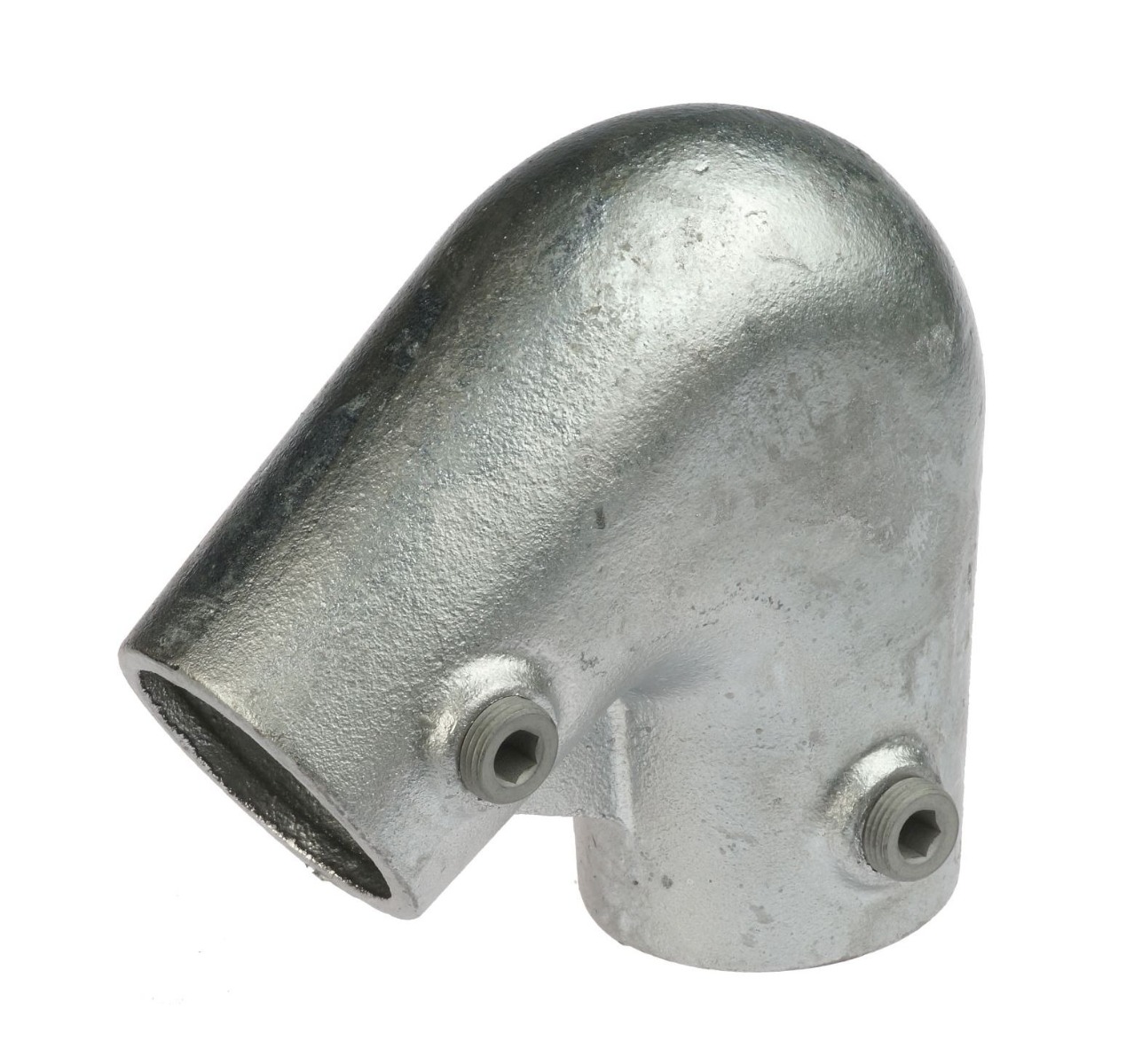 Durable hot-dip galvanised cast iron two-way elbow fitting featuring two adjustable set screws against a white background.