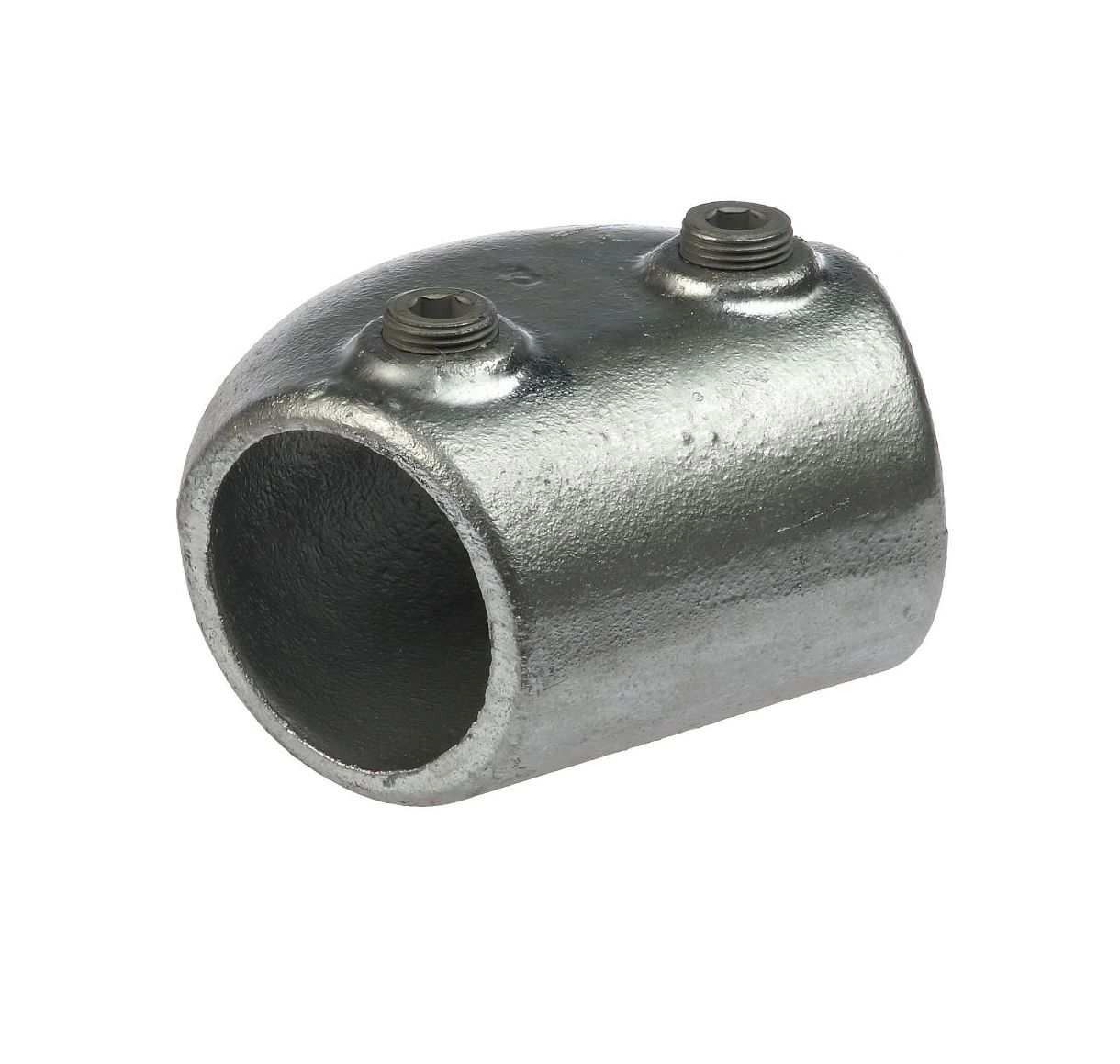 A durable silver hot-dip galvanised cast iron variable elbow fitting with two hex set screws for secure pipe connection.