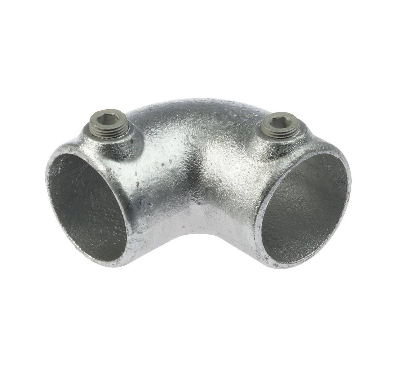 A durable hot-dip galvanised cast iron 90-degree 2-way elbow tube clamp fitting with two hex socket set screws.