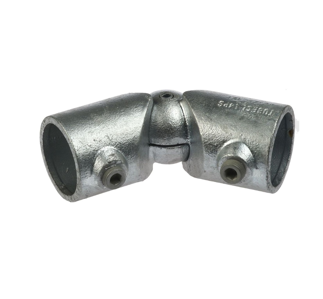 Hot-dip galvanised cast iron swivel elbow fitting with two adjustable pipe sockets and hex set screws for secure connections.
