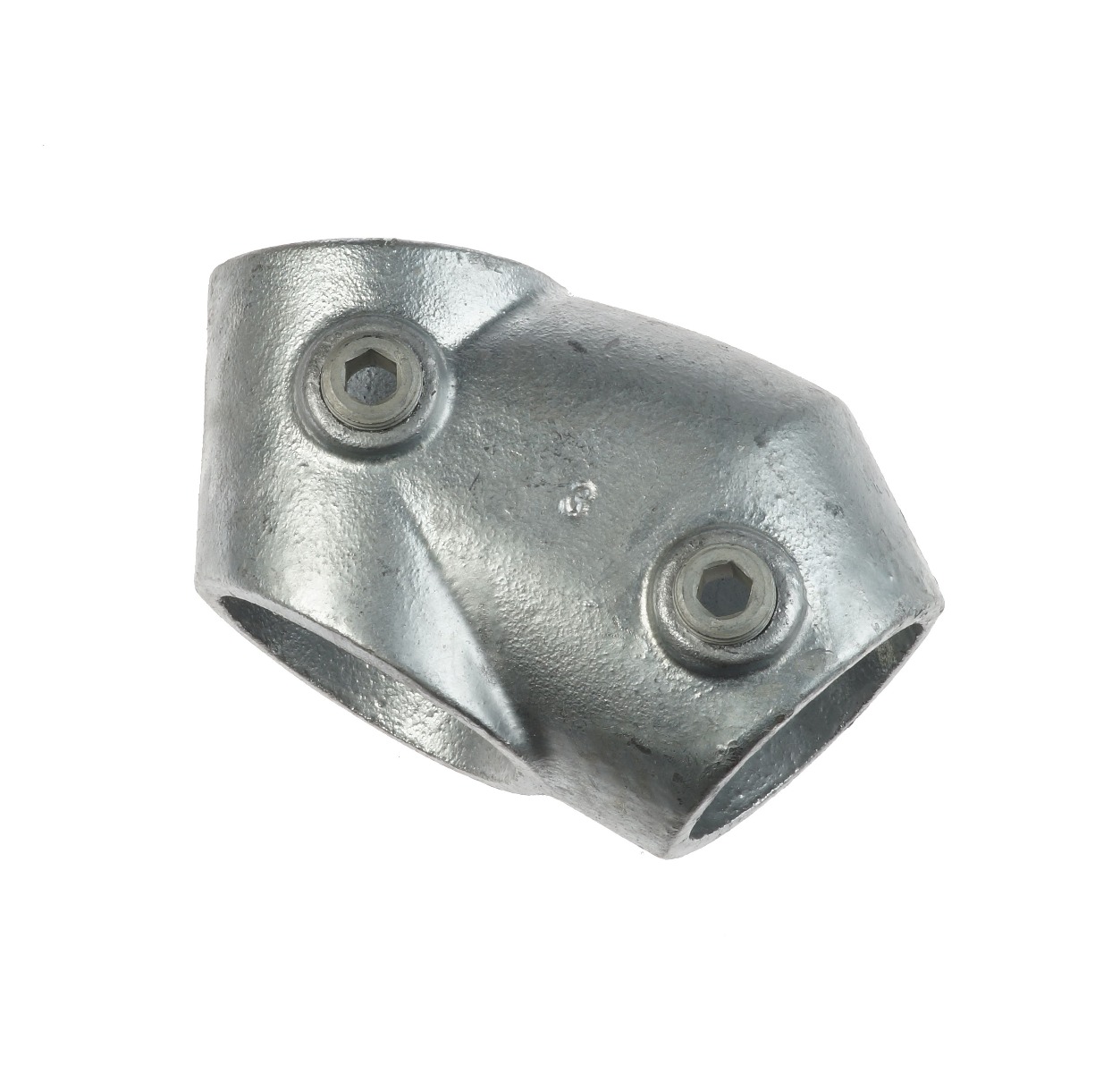 Galvanised cast iron adjustable tee fitting for connecting structural pipes at 30 to 60 degree angles using hex screws.