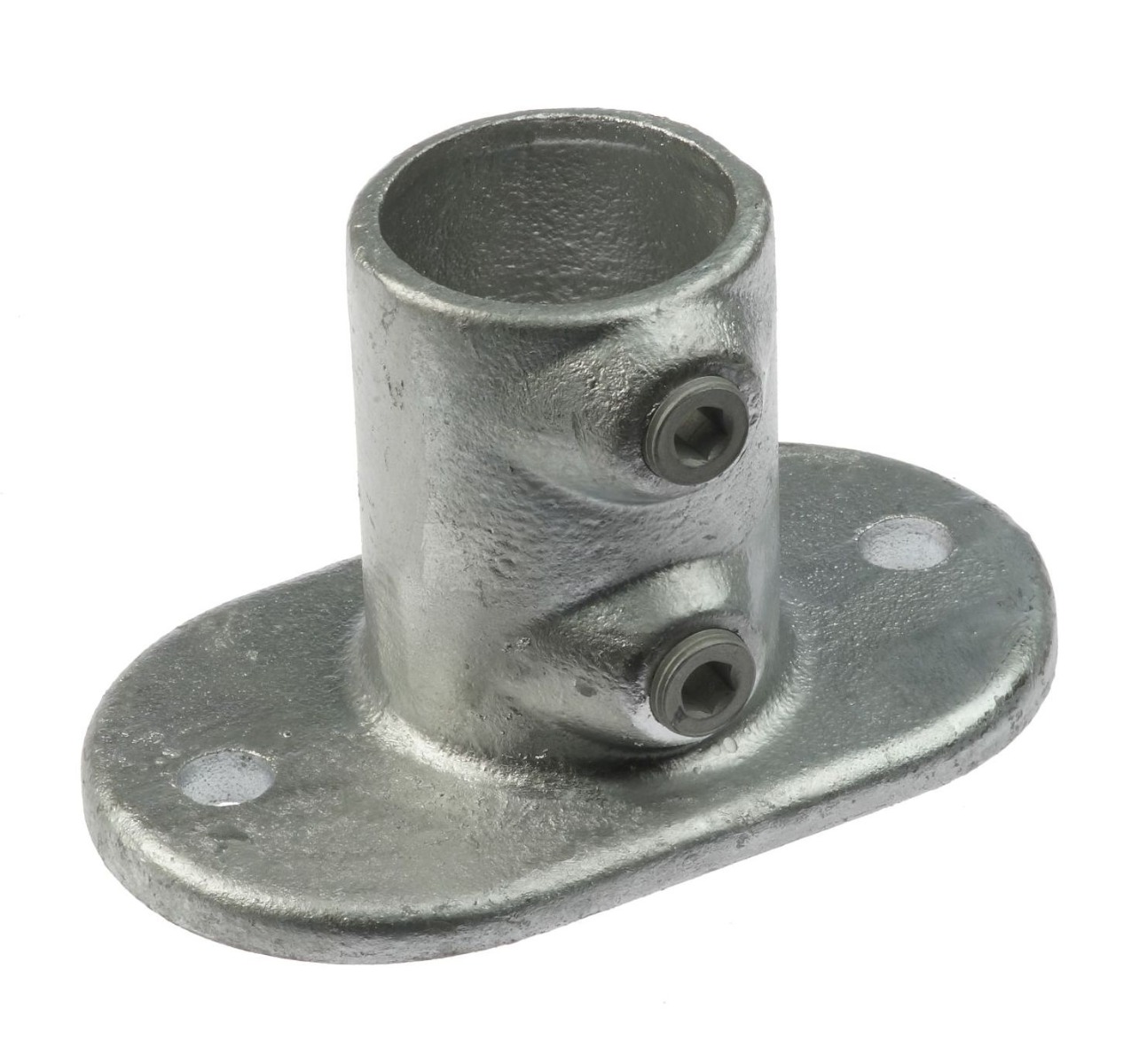 A hot-dip galvanised cast iron base flange for railings with an oval base and two securing set screws.