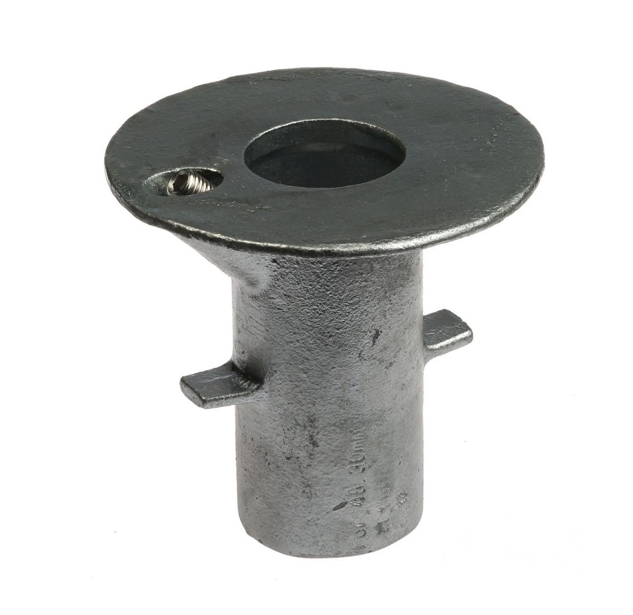 Industrial hot-dip galvanised cast iron ground socket featuring a top flange with a set screw for pipe mounting.