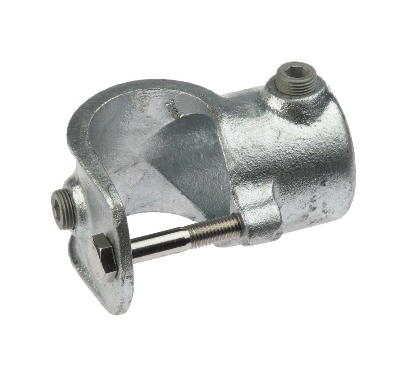 A hot-dip galvanized cast iron clamp-on tee fitting with hex-head set screws for a secure and durable pipe connection.
