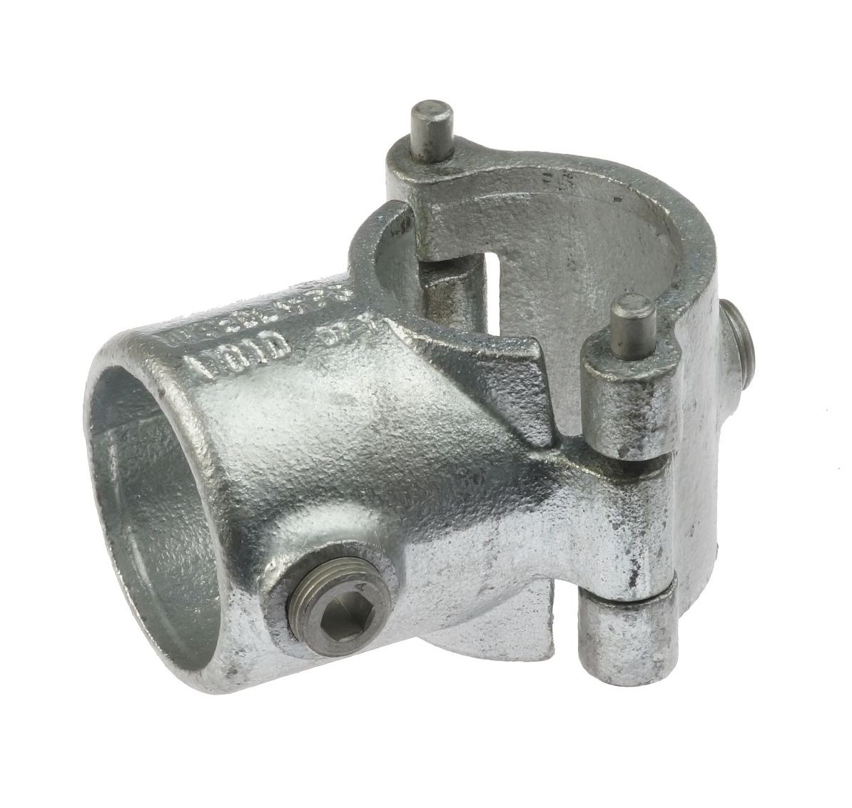 Industrial G136 clamp-on short tee pipe connector made from durable galvanized cast iron with a hinged opening mechanism.