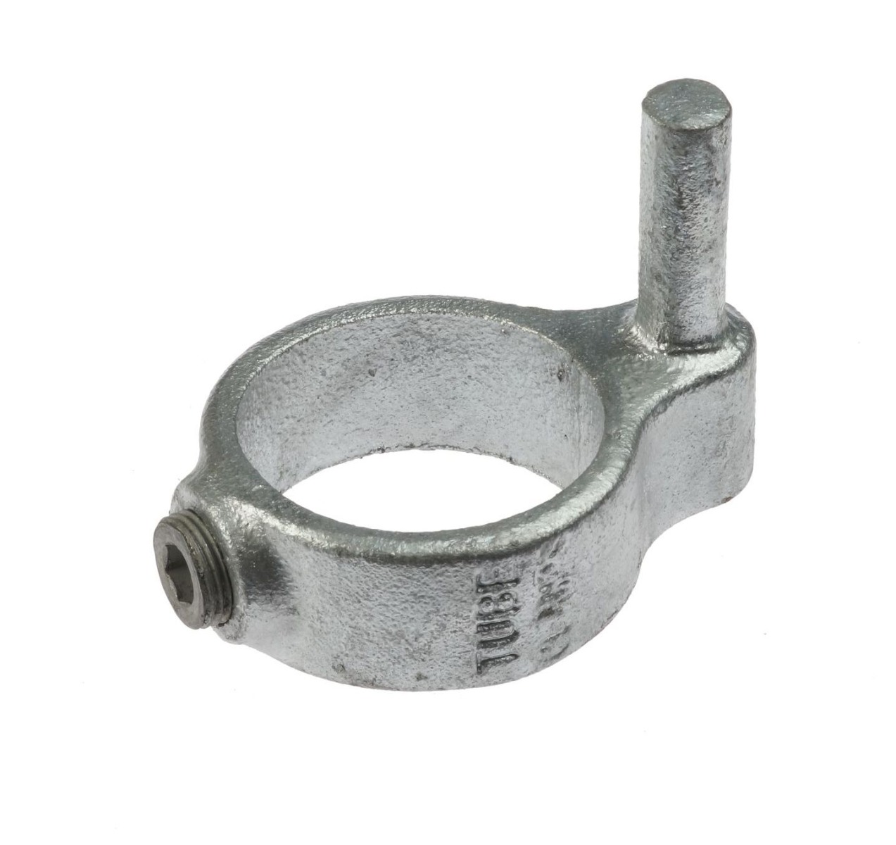 A hot-dip galvanised cast iron gate hinge male part featuring a vertical pin and an adjustable hex grub screw.