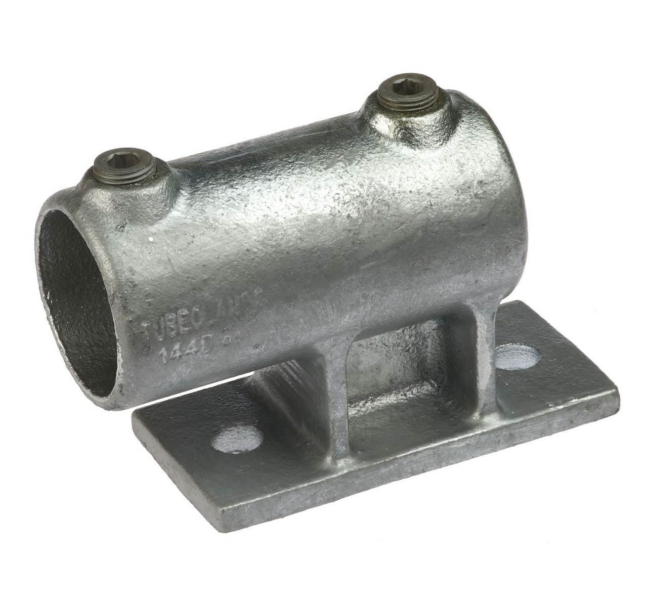 Heavy-duty galvanised cast iron vertical railing side support with two set screws and a rectangular mounting base for pipe attachment.