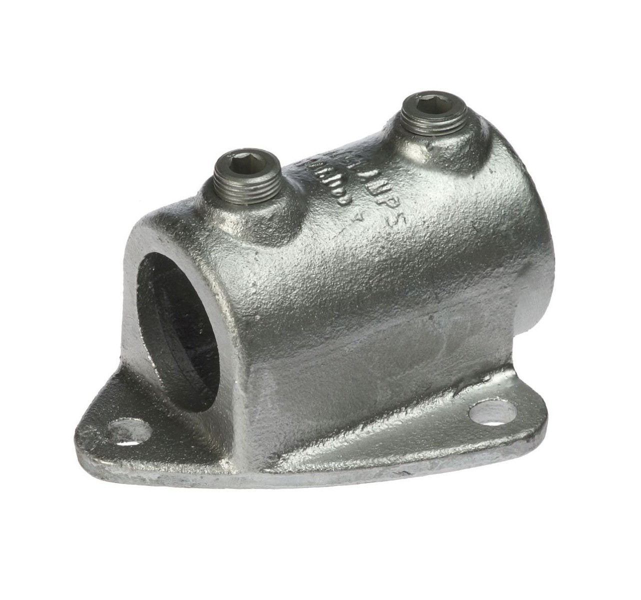 A silver-colored cast iron gutter board clamp featuring two top set screws and a flat mounting base with holes.
