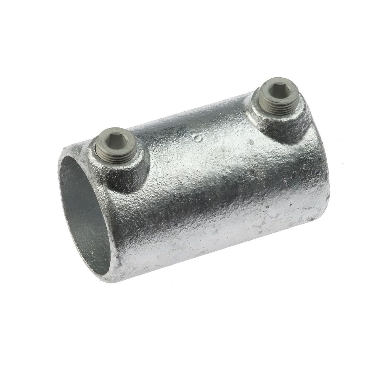 A silver hot-dip galvanised cast iron sleeve joint pipe fitting with two hex-head set screws for connecting pipes.