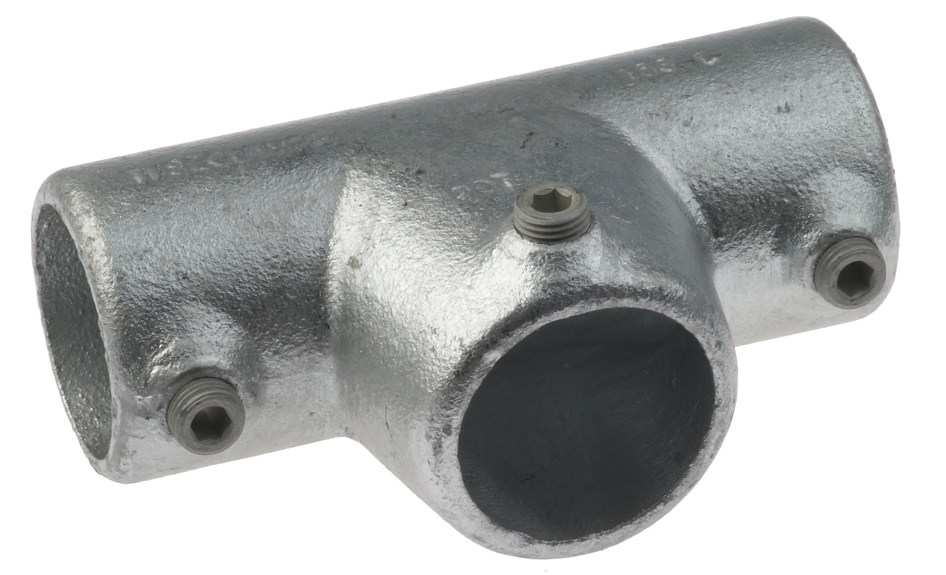 A durable galvanized iron cast T-clamp with three hexagonal set screws designed for securing metal pipe rail structures.
