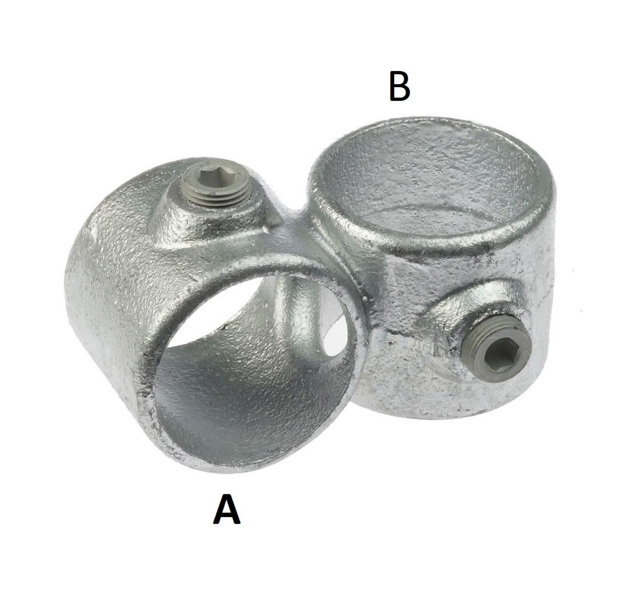 A hot-dip galvanized cast iron 90-degree cross clamp with two perpendicular openings labeled A and B and integrated set screws.