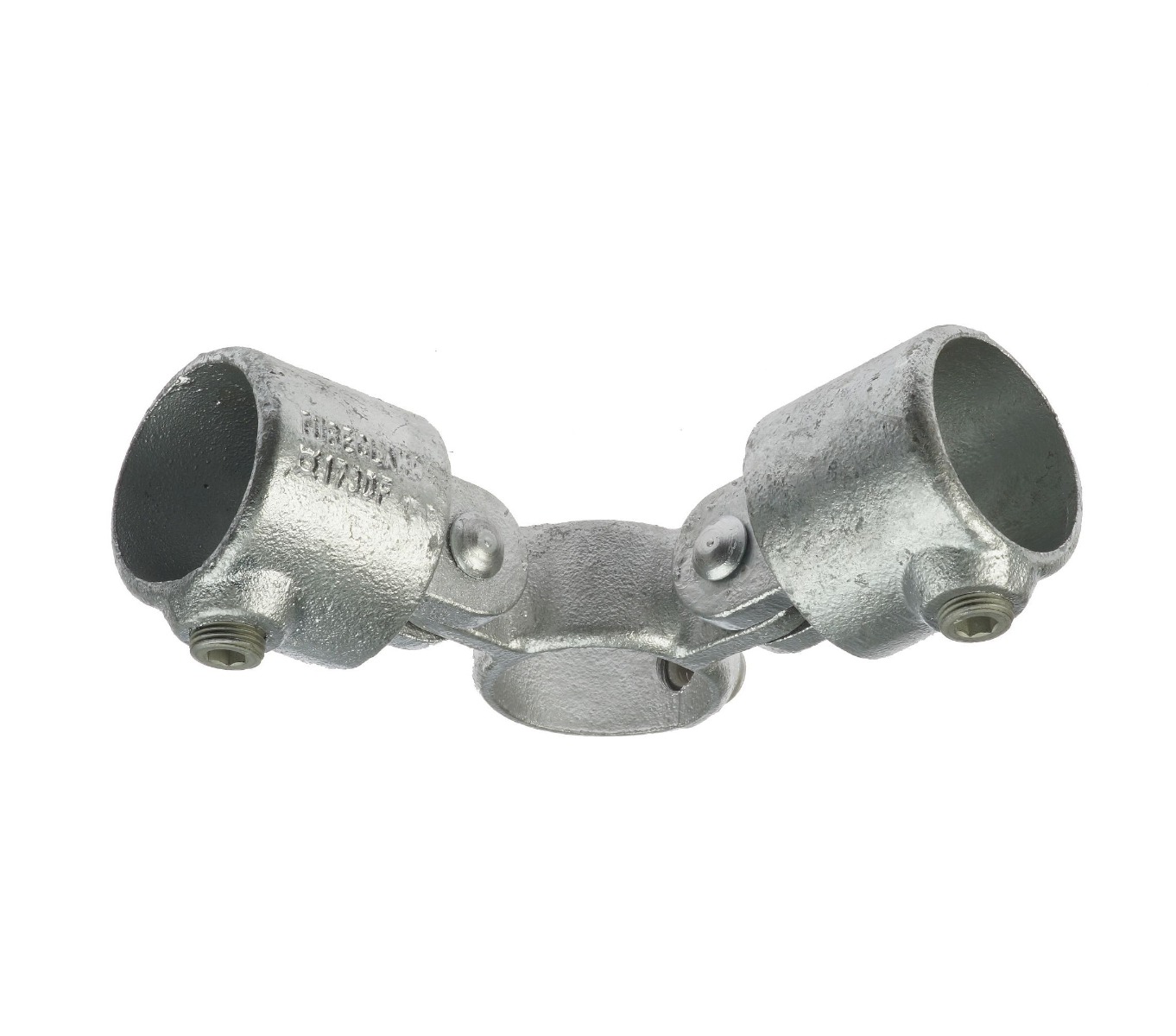 Hot-dip galvanised cast iron 90-degree corner swivel pipe fitting with adjustable sockets and integrated set screws for tube connections.