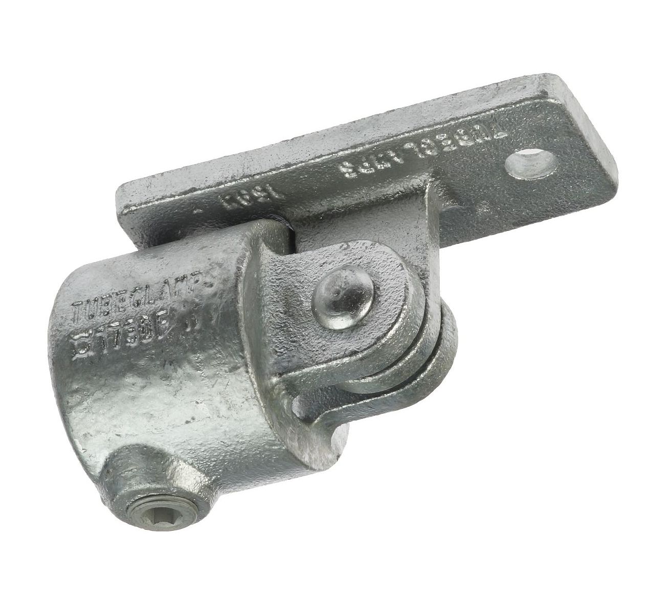 A durable hot-dip galvanized cast wall strut fitting with a cylindrical tube clamp and a flat mounting plate.