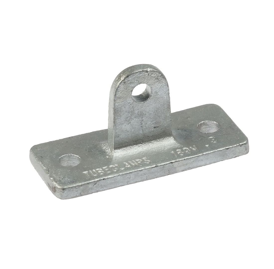 Hot-dip galvanized metal hinge support featuring a rectangular base with two mounting holes and a central vertical eyelet tab.