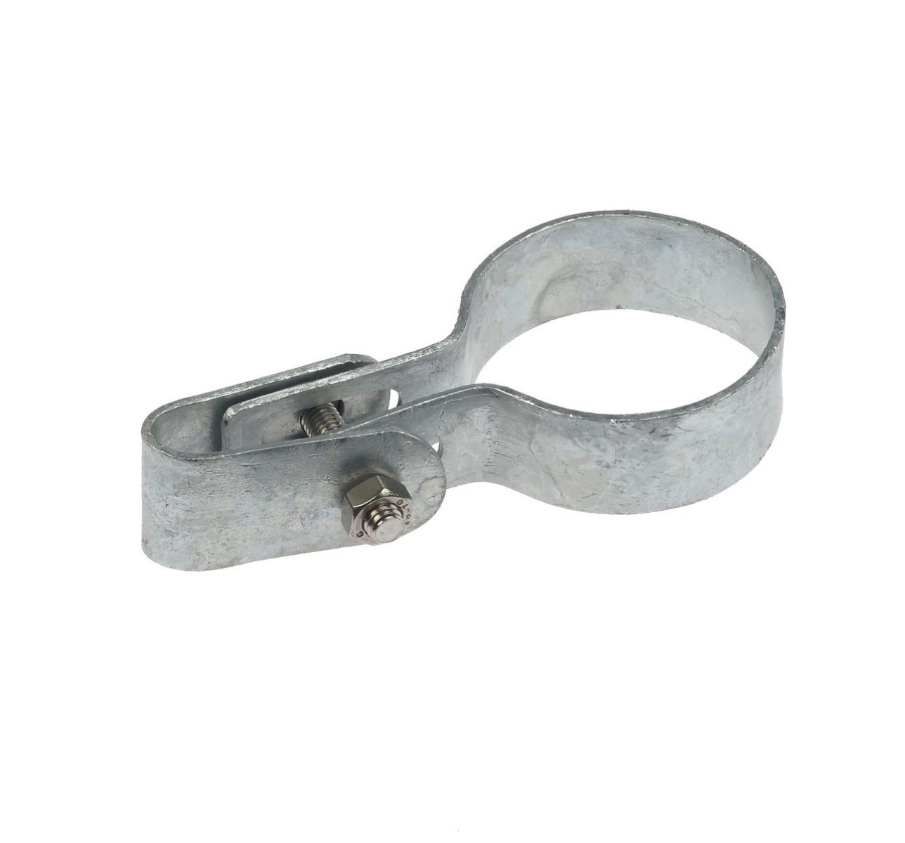 A hot-dip galvanized metal G170 mounting clip with a secure bolt and nut for industrial pipe and tube fastening.