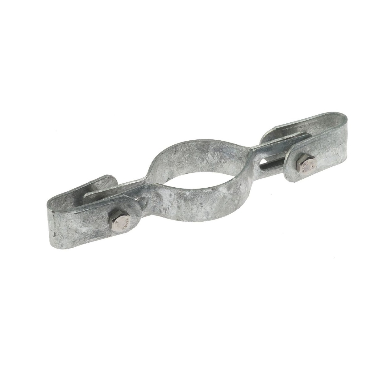 A hot-dip galvanised metal double mesh panel clip designed for securing mesh panels to posts with a durable finish.