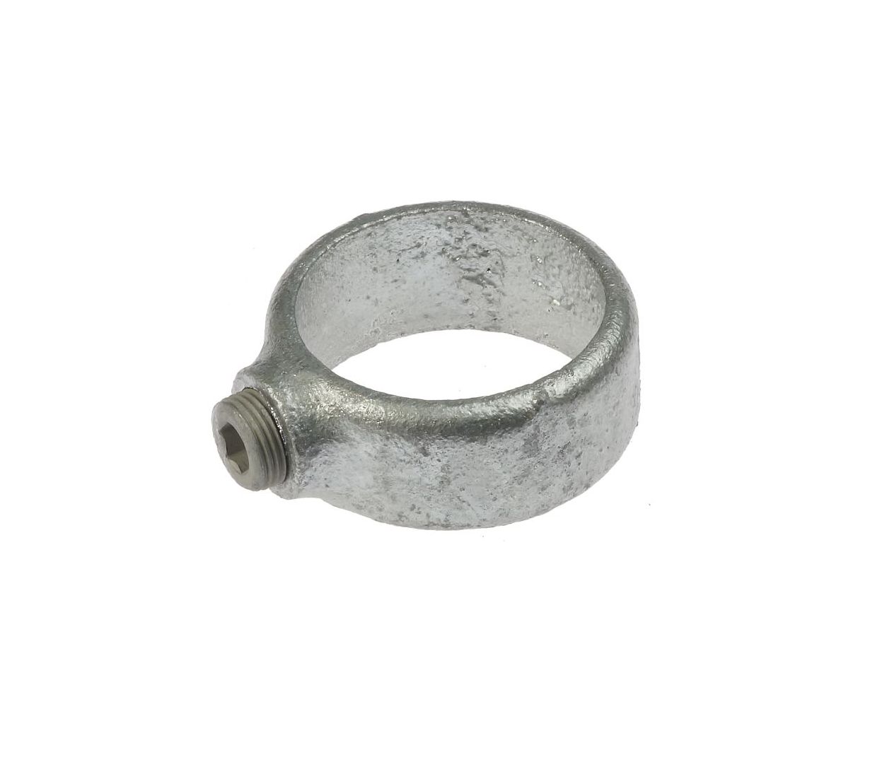 A hot-dip galvanized cast iron locking collar featuring a side set screw for secure fastening in pipe construction applications.
